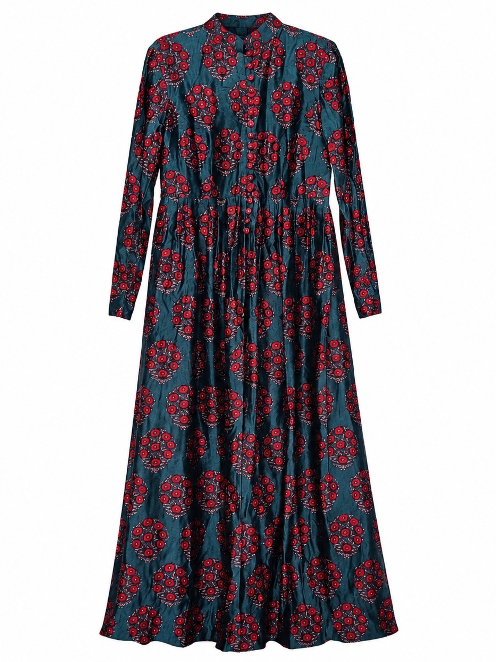 Vintage Teal Red Floral Satin Boho Maxi Dress Mandarin Collar Cottagecore - Picture 3 of 14